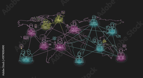 A network of colorful icons and lines on a black background, representing global connections and communication with a modern and technological mood.