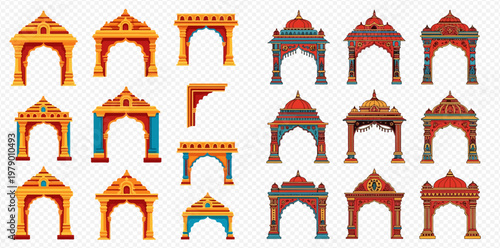 Set of Traditional Indian Archways and Gates, Decorative Temple Entrances in Various Styles, Vector Illustration.