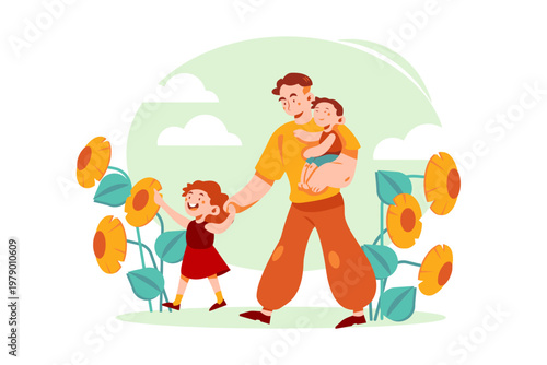 A cheerful father holding a baby and walking with a little girl among sunflowers in a playful outdoor scene with a light green background.