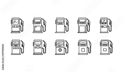 Minimal fuel pump outline icons in black line art for gas station and energy concepts vector