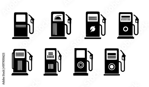 Stylized black and white fuel pump icons with geometric gas station symbols vector set
