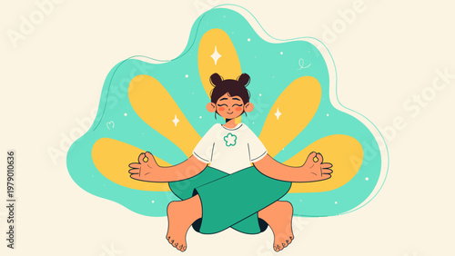 Illustration of a young girl sitting in lotus position with hands outstretched against a stylized turquoise and yellow background.
