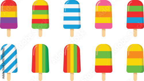 Set of 10 Colorful Popsicles with Stripes and Bold Color Combinations, Frozen Treats on Wooden Sticks