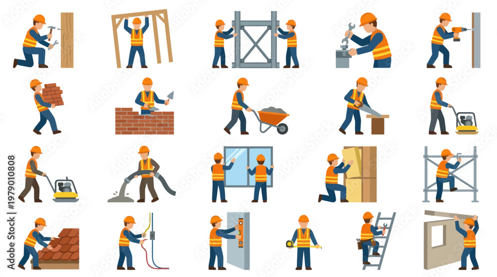 Fototapeta premium Construction Workers Building and Repairing Flat Vector Icons Set