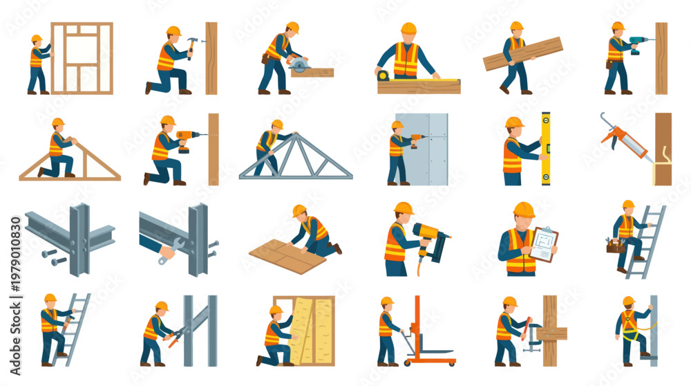Fototapeta premium Construction workers and building tools, flat icon set