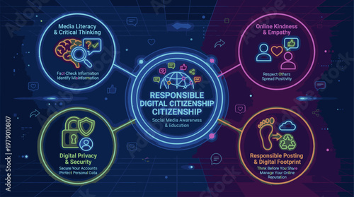 Infographic illustration about responsible digital citizenship with icons and text on a dark blue and purple background.