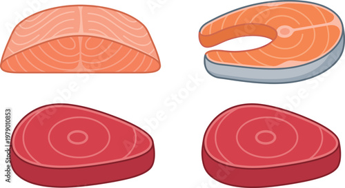 Set of 4 Fresh Fish and Meat Cuts, Salmon and Beef Steaks in Simple Design