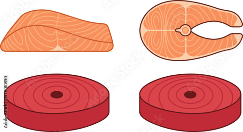 Set of 4 Fresh Fish and Beef Cuts, Salmon Fillet and Round Beef Steaks in Simple Flat Design