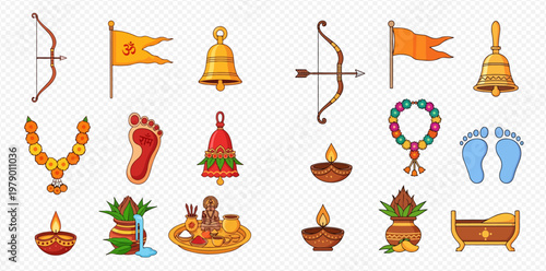 Hinduism festival elements set with traditional religious symbols and worship items for spiritual celebration.