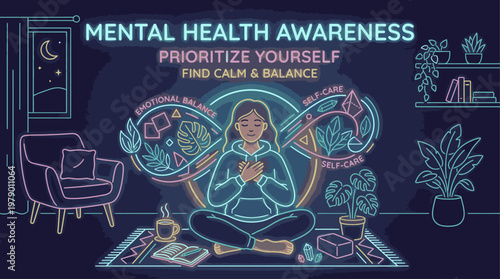 A person meditates cross-legged on a mat in a cozy room with a thoughtful expression surrounded by glowing thought bubbles and calming plants with warm blue tones and a peaceful mood in a