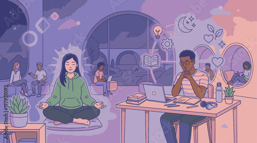 Illustration of a woman meditating in lotus position at office with coworker working at desk in background with various office activities and abstract thought bubbles.