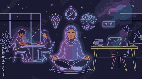 Illustration of a woman meditating in lotus position at home office with coworkers in background and nighttime cityscape through window with purple and blue hues.