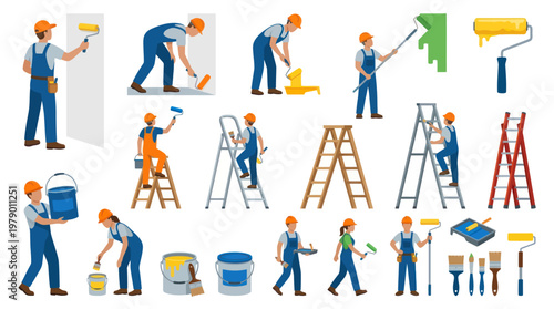 Flat Vector Painters and Home Renovation Tools Set for Construction Industry