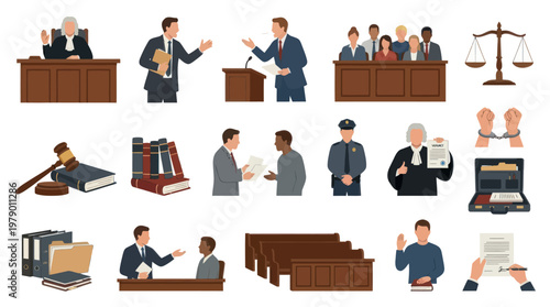 Law and Justice Flat Vector Icons Set: Courtroom, Lawyers, and Legal Concepts