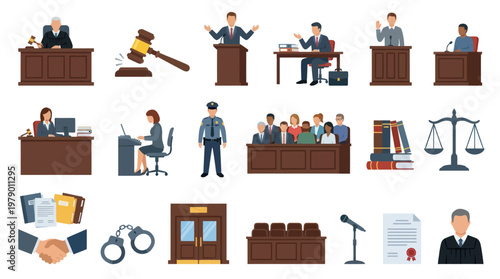 Flat Vector Legal Justice System Icons Set