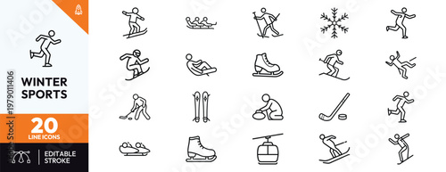Canvas Print Winter sports line icon set featuring skiing snowboarding ice skating ice hockey