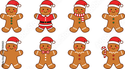 Set of 9 Cute Gingerbread Man Characters with Santa Hats, Christmas Decorations, and Colorful Details