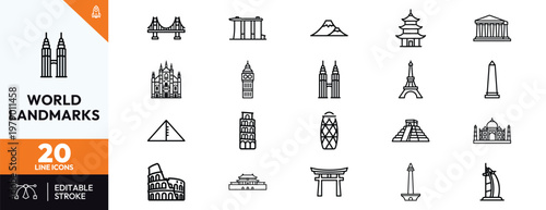 Collection of minimalist line icons representing various global monuments and historical architectural structures from around the world for diverse travel and educational design projects.