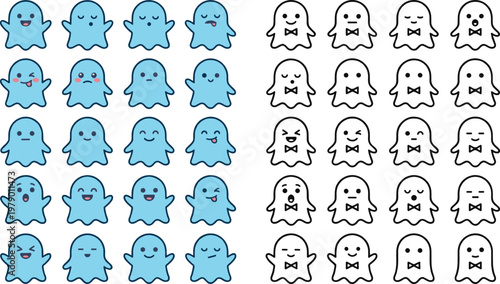 Set of 24 Cute Blue and White Ghost Characters with Various Expressions and Bowties, Halloween Kawaii Design