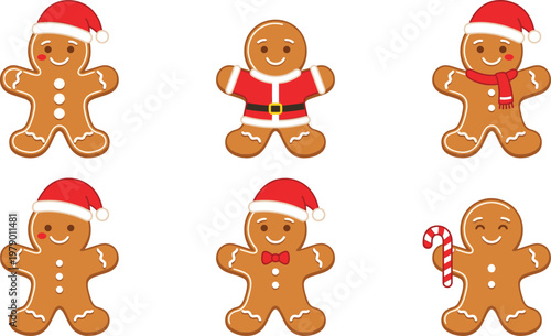 Set of 6 Gingerbread Man Characters with Santa Hats, Christmas Decorations, and Holiday Accessories