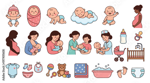 Cute Baby and Maternity Flat Cartoon Vector Illustrations Set - Newborns, Parents  Childcare