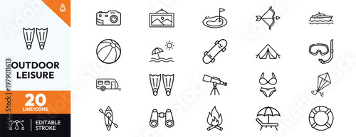 Collection of outdoor leisure icons for camping and beach activities featuring summer sports symbols travel equipment and recreation elements for modern graphic designs.