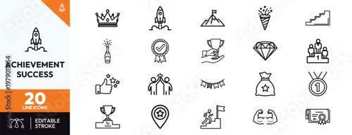 Achievement and success line icon set featuring business growth victory leadership and celebration symbols for goal completion milestones and professional career progress