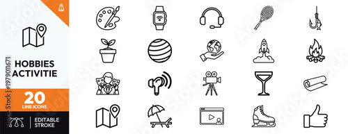 Collection of modern thin line icons for various hobbies and leisure activities including sports travel painting technology and outdoor recreation symbols for web and application design interface
