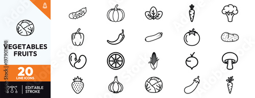 Collection of minimalist line icons featuring a variety of fresh vegetables and fruits such as broccoli carrot tomato pumpkin and more for healthy lifestyle and food industry designs