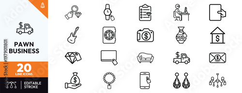 Collection of 20 high quality pawn business line icons featuring pawnshop items like jewelry electronics musical instruments vehicles and loan money transaction symbols for web and mobile apps