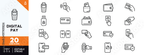 Collection of digital payment and mobile banking line icons featuring contactless transactions, credit cards, wallets, point of sale terminals, nfc technology and secure online finance services.