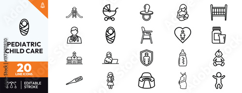 Set of minimalist pediatric child care line icons representing neonatal health maternity services and parenting needs such as pediatrician checkups infant feeding nursery equipment and baby safety