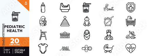 Comprehensive pediatric health and baby care line icon set featuring infant nutrition medical checkups child safety toys and nursery essentials for professional healthcare app and website design