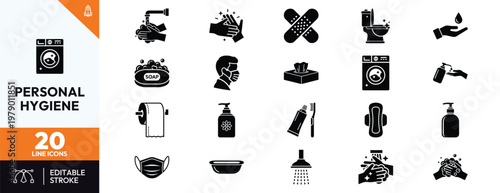 Personal hygiene and health care icon set featuring hand washing sanitizing soap face masks medical supplies laundry and bathroom essentials for daily cleanliness and wellness routines