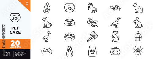 Pet care and animal shop line icon set featuring domestic animals and supplies like cat, dog, fish, rabbit, horse, grooming tools, pet food, carrier, and habitat accessories.