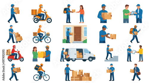 Flat Vector Illustration of Delivery Service with Couriers, Packages, and Logistics