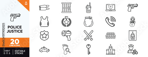 Set of law enforcement and justice line icons featuring police equipment crime investigation symbols and legal system elements for security services and professional digital design projects