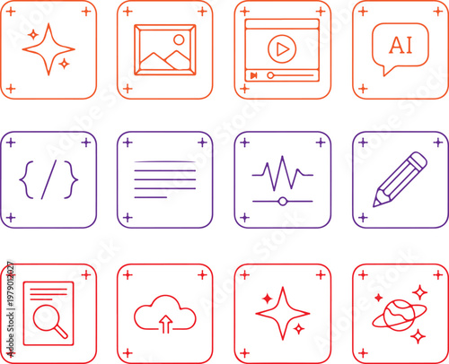 Multimedia & Creative Tools Vector Icon Set: Audio, Video, Text & AI Symbols
