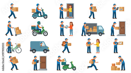 Flat Design Delivery Service Vector Illustrations. Couriers, Logistics, Shipping with Packages  Vehicles Set