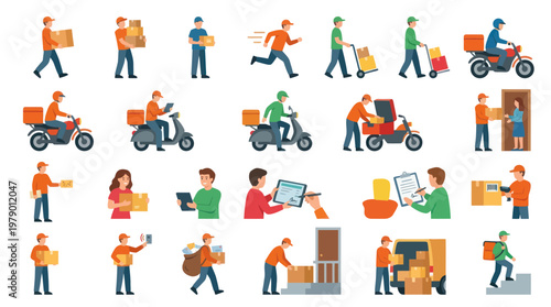 Logistics Delivery Service Flat Design Icons Set with Couriers, Packages  Vehicles