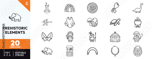 Prehistoric and stone age line icon set featuring mammoth dinosaur caveman fire hunting tools primitive weapons and ancient living elements for history education and museum design projects.