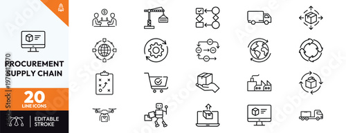 Procurement and supply chain management line icons set featuring logistics distribution global trade warehouse operations delivery services and automated industrial systems for business design