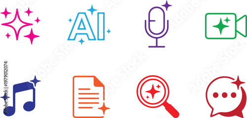 Multimedia & Creative Tools Vector Icon Set: Audio, Video, Text & AI Symbols