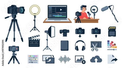 Flat Design Icons of Video Production Equipment and Technology