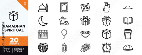 Set of Twenty Minimalist Line Icons Representing Ramadan and Islamic Spirituality including Mosque Moon Prayer Beads Charity Box Quran and Traditional Food Elements for Design