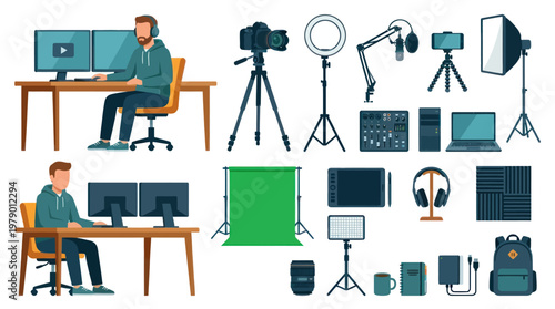 Flat Vector Art of Vlogger Equipment  Setup for Content Creation
