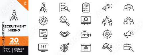 Professional recruitment and hiring line icon set featuring human resources career management job interview headhunting candidate selection and employment search symbols for web design