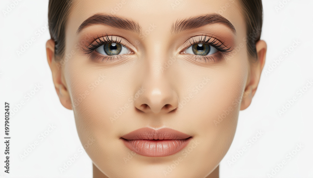 Fototapeta premium The Beauty Within: A portrait of serene beauty showcases a woman's perfect features, with attention drawn to her captivating eyes, elegant eyebrows, and the soft contours of her face.