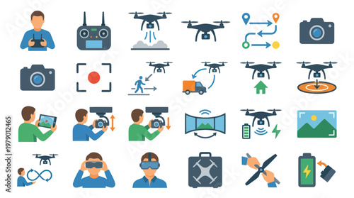 Drone Technology Flat Icons Set: UAV, Remote Control, Camera, Delivery, Navigation  Maintenance