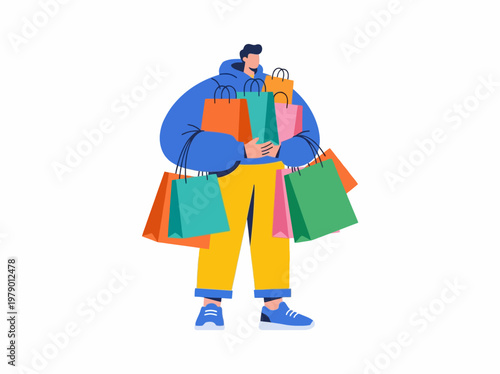 Person carrying many colorful shopping bags in this flat style vector illustration designed for marketing and retail advertising creative projects